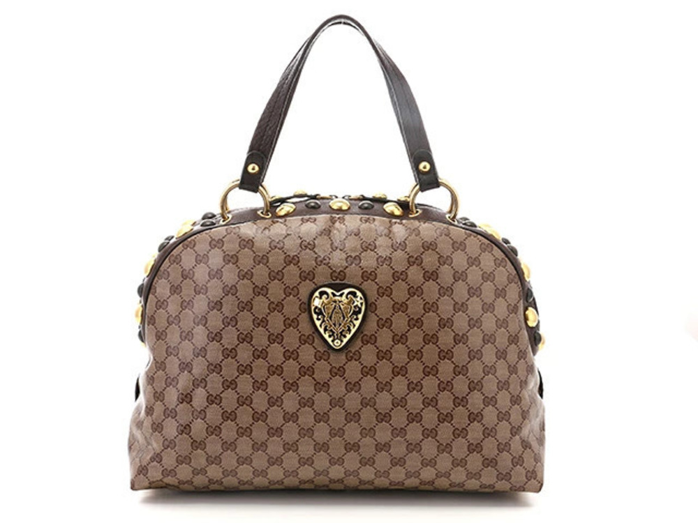 Gucci Boston Bag GG Canvas Beige Cream Brown Studs Emblem